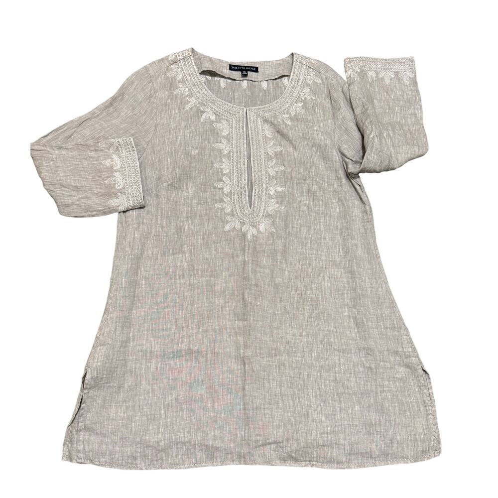 Saks Fifth Avenue 100% Silk tunic hook front embroidered gray size large